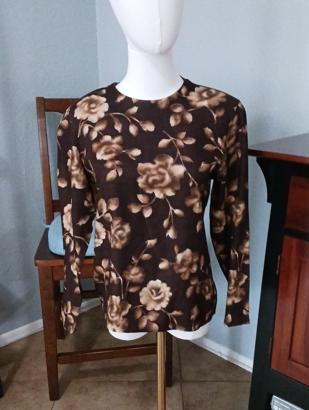 Rena Rowan Brown Floral Crewneck Long Sleeve Top